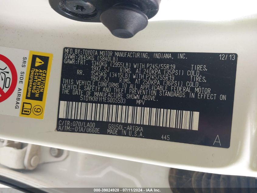 2014 Toyota Highlander Limited Platinum V6 VIN: 5TDYKRFH1ES005503 Lot: 39824928