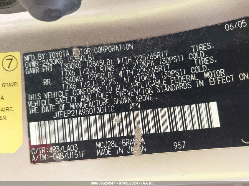 2005 Toyota Highlander Limited V6 VIN: JTEEP21A950130110 Lot: 39824947