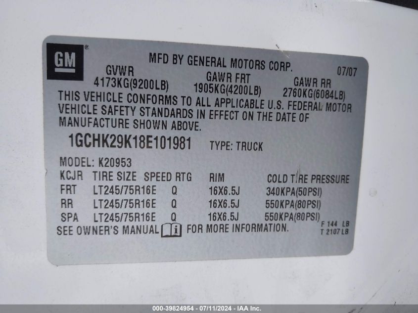 2008 Chevrolet Silverado 2500Hd Lt1 VIN: 1GCHK29K18E101981 Lot: 39824954