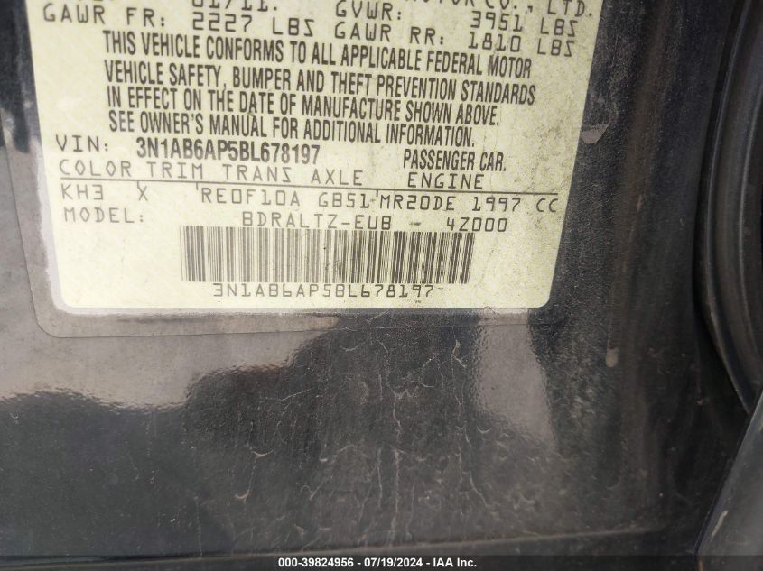 2011 Nissan Sentra 2.0Sr VIN: 3N1AB6AP5BL678197 Lot: 39824956