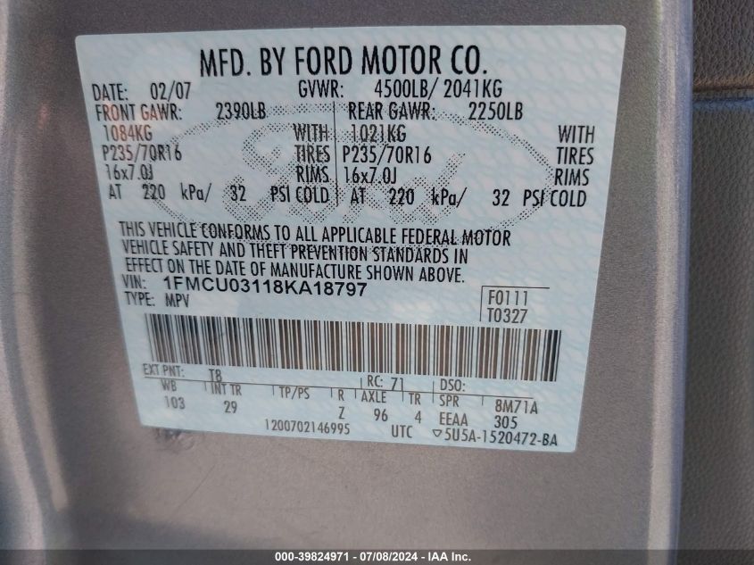 2008 Ford Escape Xlt VIN: 1FMCU03118KA18797 Lot: 39824971