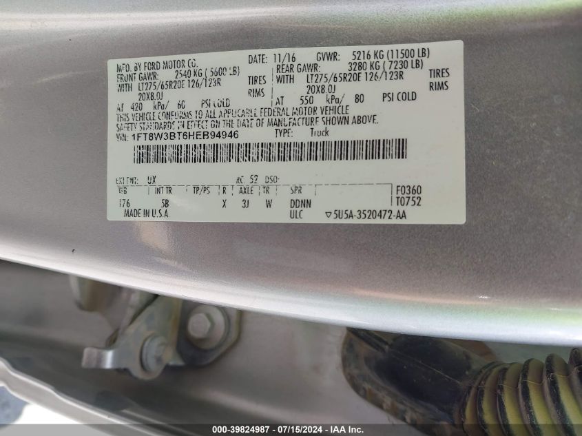 2017 Ford F-350 Lariat VIN: 1FT8W3BT6HEB94946 Lot: 39824987