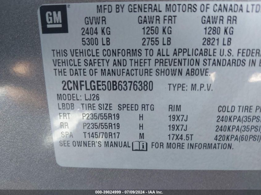 2011 Chevrolet Equinox Ltz VIN: 2CNFLGE50B6376380 Lot: 39824999