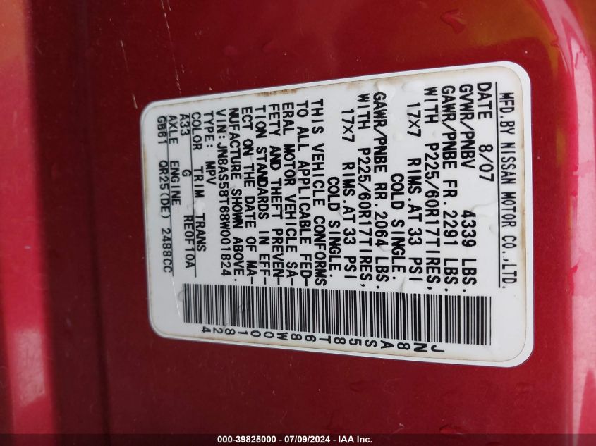 2008 Nissan Rogue Sl VIN: JN8AS58T68W001824 Lot: 39825000