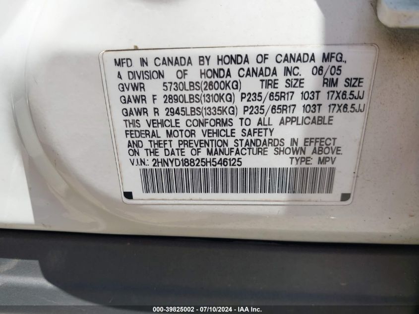 2005 Acura Mdx VIN: 2HNYD18825H546125 Lot: 39825002
