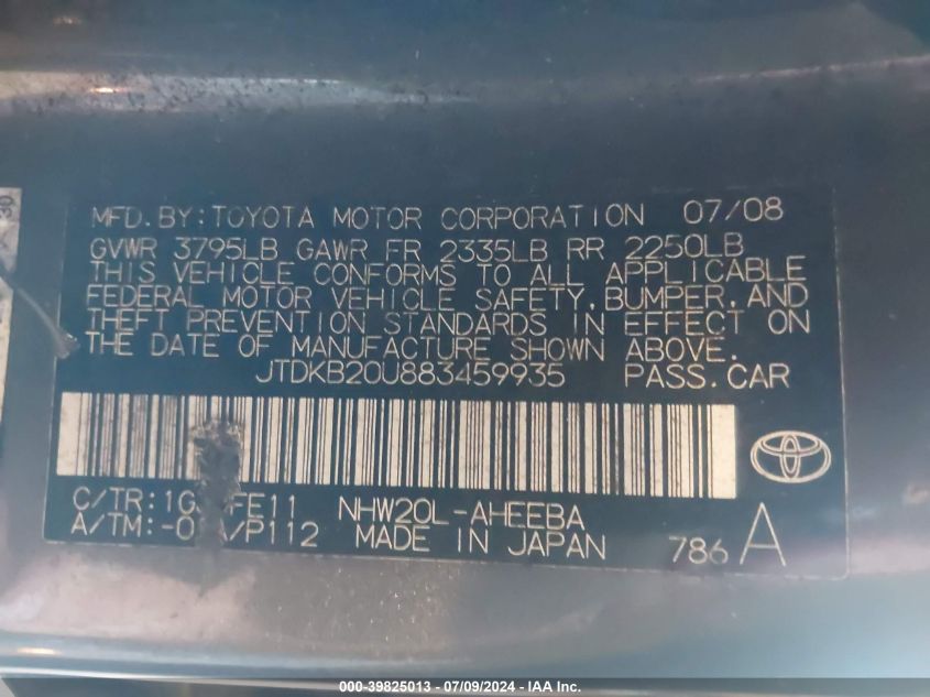 2008 Toyota Prius VIN: JTDKB20U883459935 Lot: 39825013