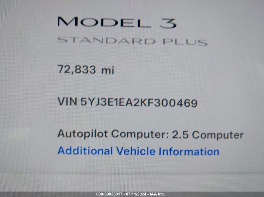 2019 Tesla Model 3 Long Range/Mid Range/Standard Range/Standard Range Plus VIN: 5YJ3E1EA2KF300469 Lot: 39825017