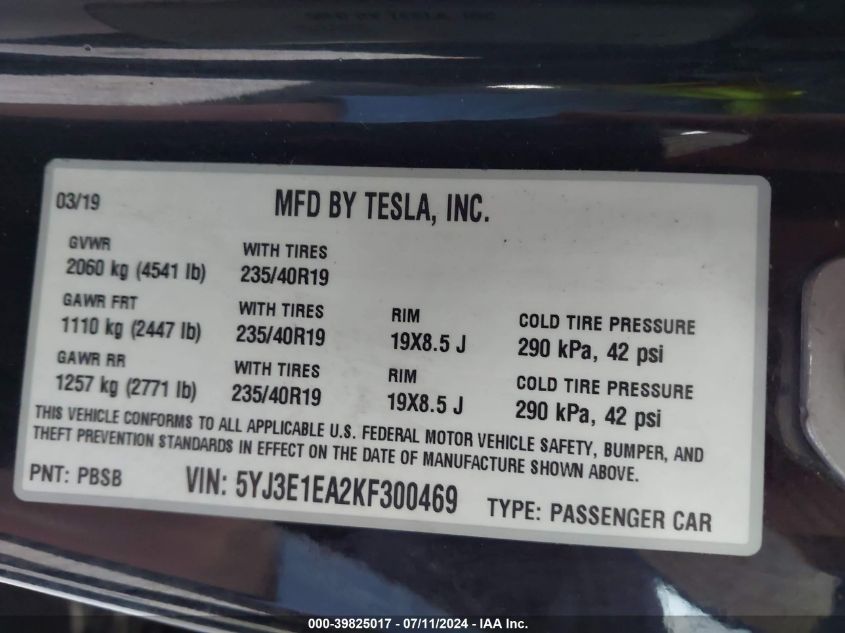 2019 TESLA MODEL 3 LONG RANGE/MID RANGE/STANDARD RANGE/STANDARD RANGE PLUS - 5YJ3E1EA2KF300469