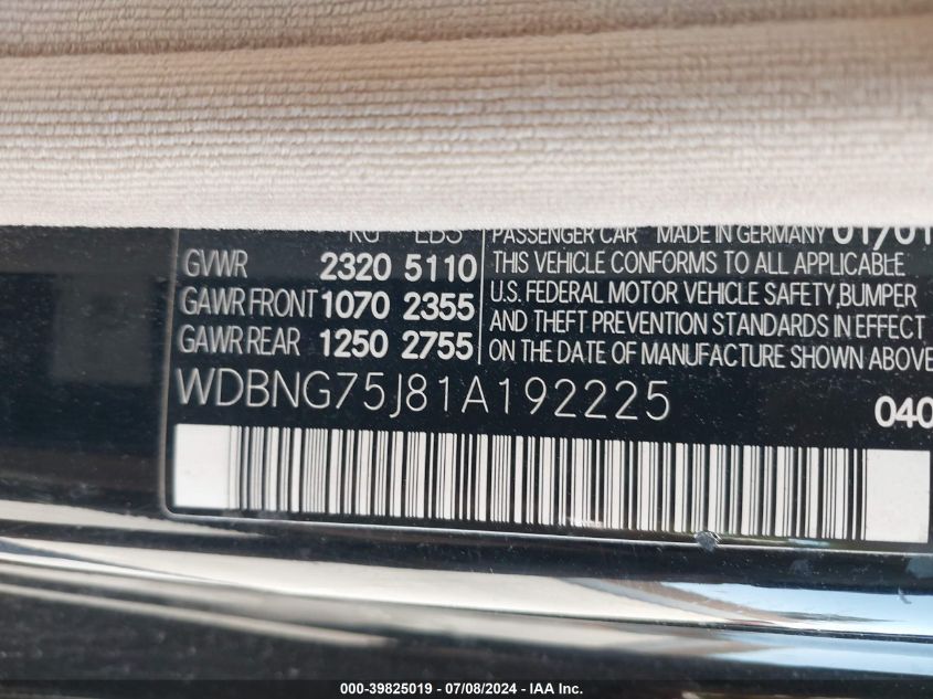 2001 Mercedes-Benz S 500 VIN: WDBNG75J81A192225 Lot: 39825019