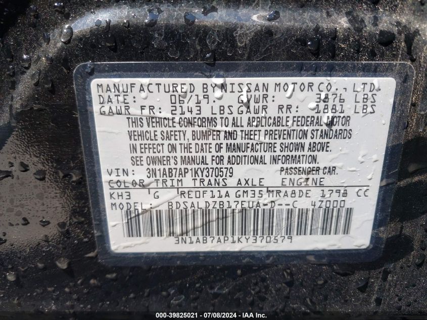 2019 Nissan Sentra Sv VIN: 3N1AB7AP1KY370579 Lot: 39825021