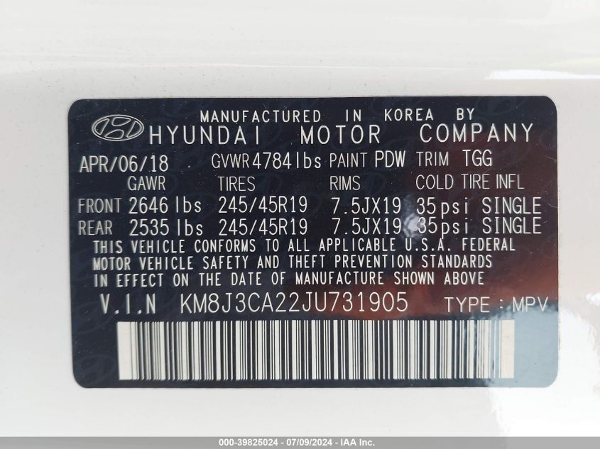 2018 Hyundai Tucson Value VIN: KM8J3CA22JU731905 Lot: 39825024