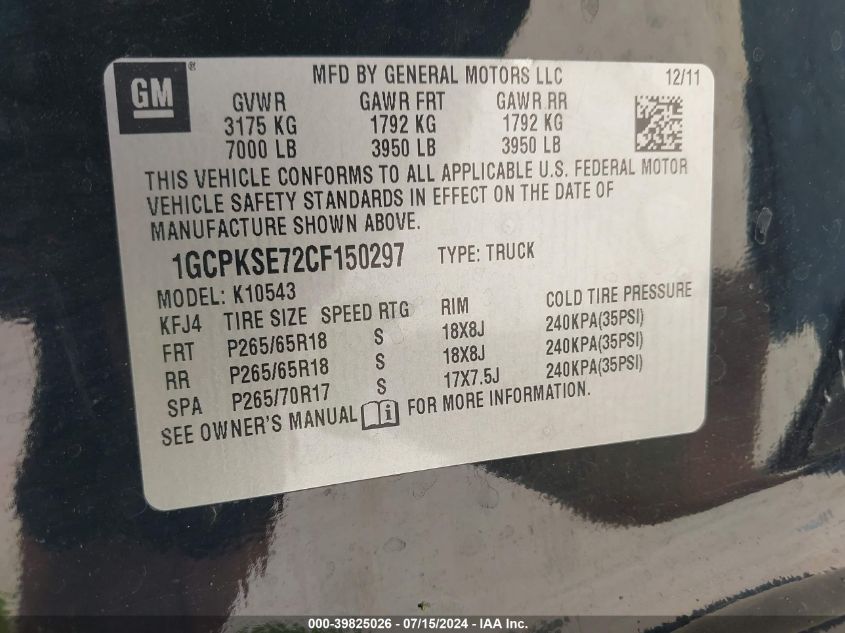 2012 Chevrolet Silverado 1500 Lt VIN: 1GCPKSE72CF150297 Lot: 39825026