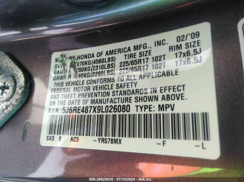 2009 Honda Cr-V Ex-L VIN: 5J6RE487X9L026080 Lot: 39825035