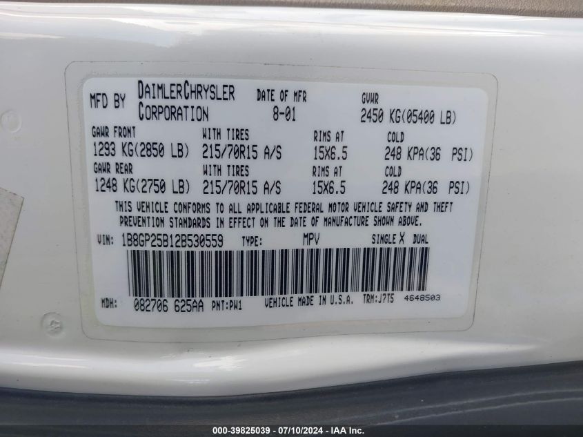 2002 Dodge Caravan Se VIN: 1B8GP25B12B530559 Lot: 39825039