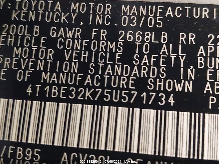 2005 Toyota Camry Le VIN: 4T1BE32K75U571734 Lot: 39825042