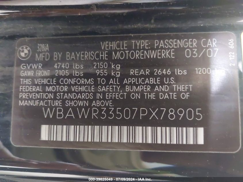 2007 BMW 328I VIN: WBAWR33507PX78905 Lot: 39825049