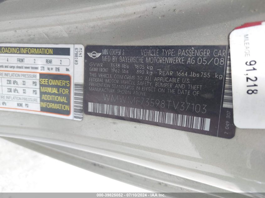 2008 Mini Cooper S VIN: WMWMF73598TV37103 Lot: 39825052