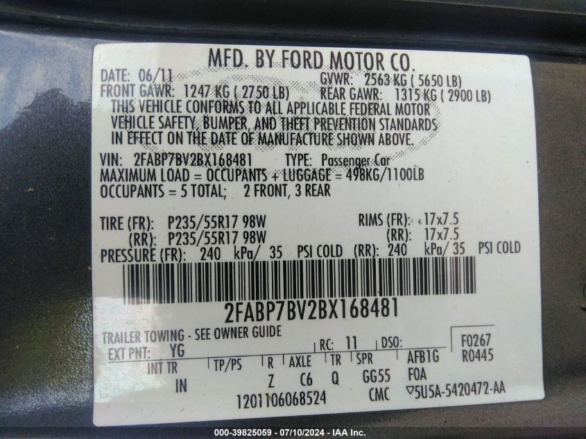 2011 Ford Crown Victoria Police Interceptor VIN: 2FABP7BV2BX168481 Lot: 39825059