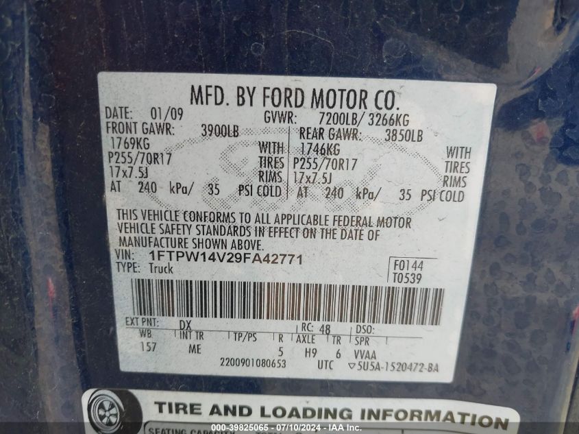 2009 Ford F-150 Fx4/King Ranch/Lariat/Platinum/Xl/Xlt VIN: 1FTPW14V29FA42771 Lot: 39825065