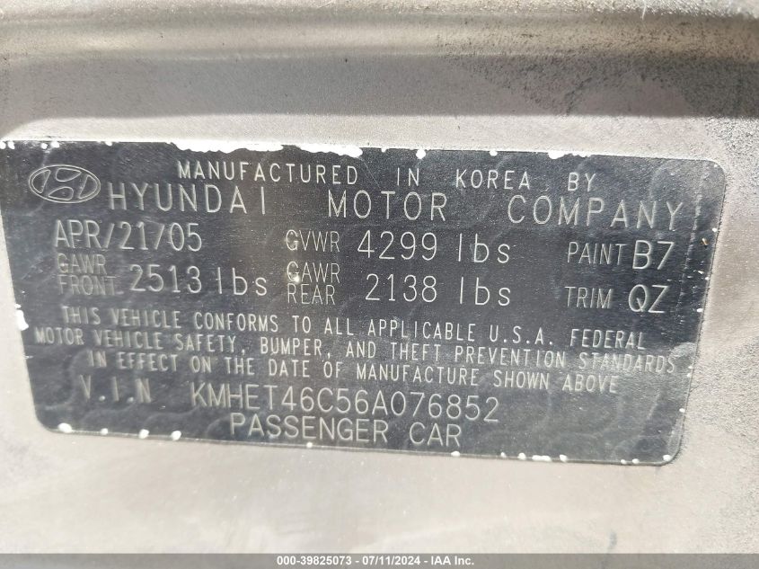 2006 Hyundai Sonata Gl VIN: KMHET46C56A076852 Lot: 39825073