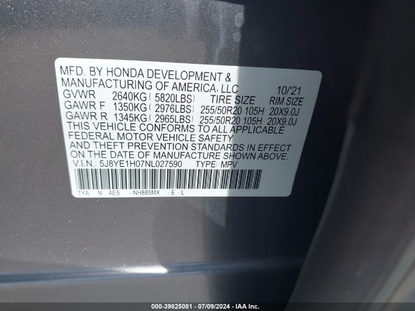 2022 Acura Mdx A-Spec Package VIN: 5J8YE1H07NL027590 Lot: 39825081