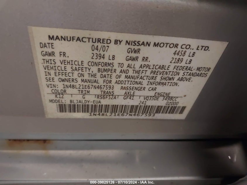 2007 Nissan Altima 3.5 Se VIN: 1N4BL21E67N467593 Lot: 39825126