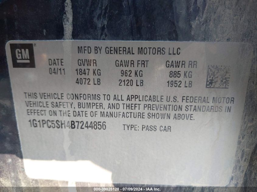 2011 Chevrolet Cruze Ls VIN: 1G1PC5SH4B7244856 Lot: 39825128