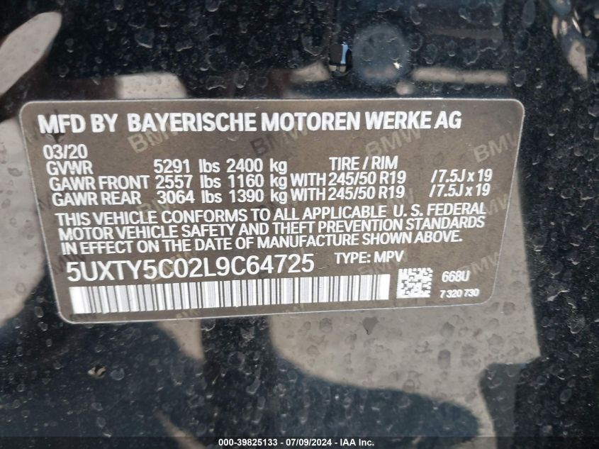 2020 BMW X3 xDrive30I VIN: 5UXTY5C02L9C64725 Lot: 39825133