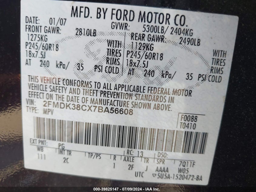 2007 Ford Edge Sel VIN: 2FMDK38CX7BA56608 Lot: 39825147