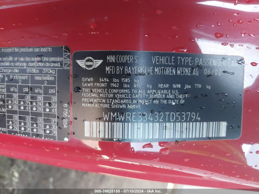 2002 Mini Cooper S VIN: WMWRE33432TD53794 Lot: 39825155
