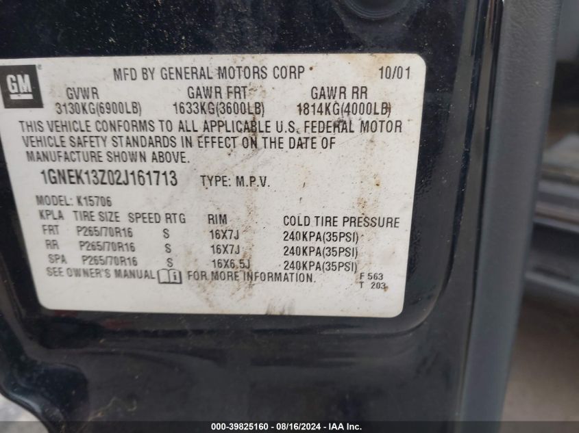 2002 Chevrolet Tahoe Lt VIN: 1GNEK13Z02J161713 Lot: 39825160