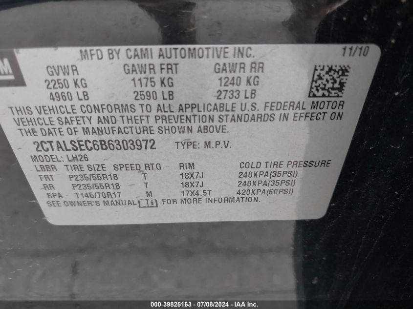 2011 GMC Terrain Sle-2 VIN: 2CTALSEC6B6303972 Lot: 39825163