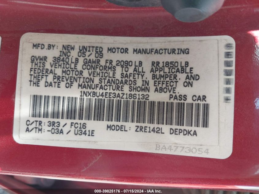 2010 Toyota Corolla Le VIN: 1NXBU4EE3AZ186132 Lot: 39825176