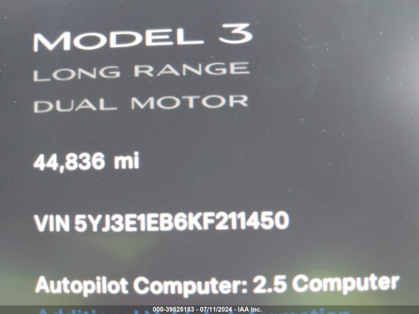 2019 Tesla Model 3 Long Range/Performance VIN: 5YJ3E1EB6KF211450 Lot: 39825183