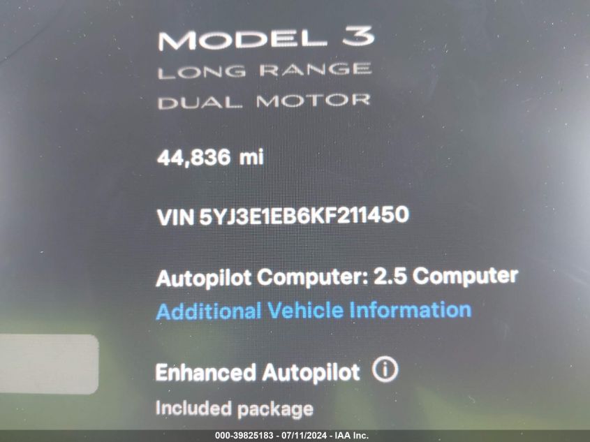 2019 TESLA MODEL 3 LONG RANGE/PERFORMANCE - 5YJ3E1EB6KF211450