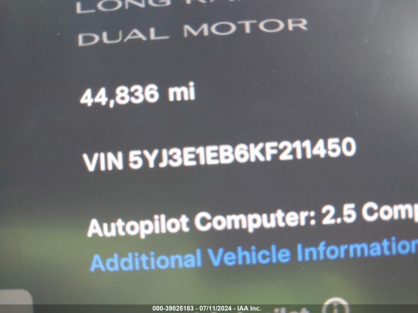 2019 TESLA MODEL 3 LONG RANGE/PERFORMANCE - 5YJ3E1EB6KF211450