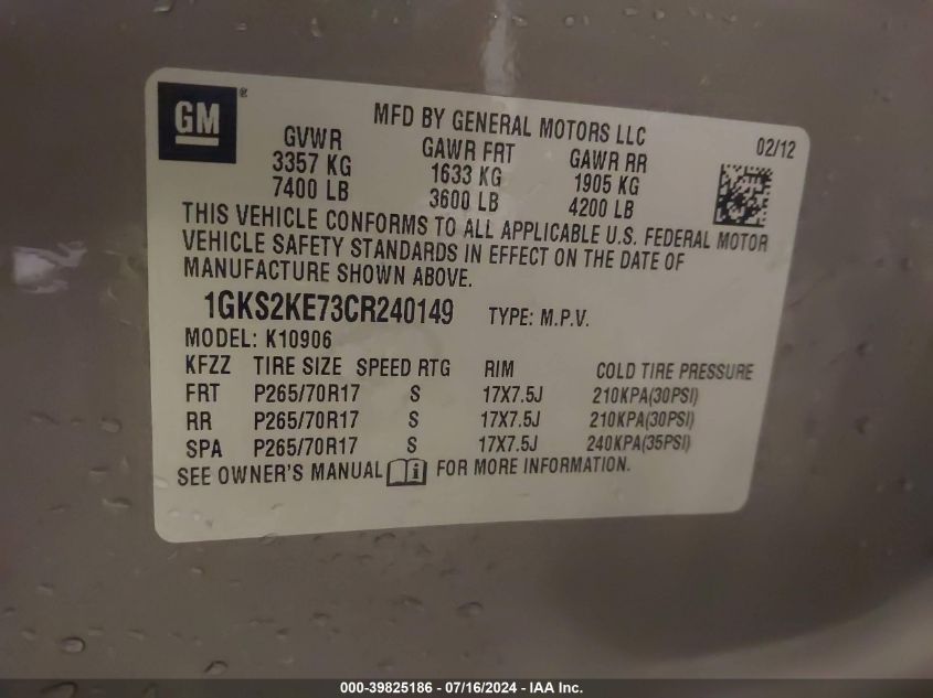 2012 GMC Yukon Xl 1500 Slt VIN: 1GKS2KE73CR240149 Lot: 39825186