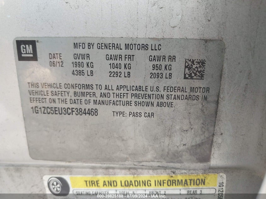 2012 Chevrolet Malibu 1Lt VIN: 1G1ZC5EU3CF384468 Lot: 39825188