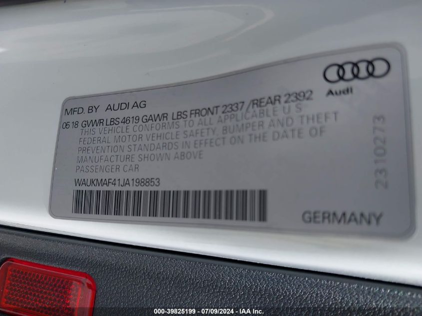 2018 Audi A4 2.0T Tech Ultra Premium VIN: WAUKMAF41JA198853 Lot: 39825199