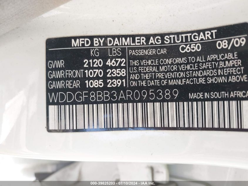 2010 Mercedes-Benz C-Class C 300 Sport/Luxury 4Matic VIN: WDDGF8BB3AR095389 Lot: 39825203