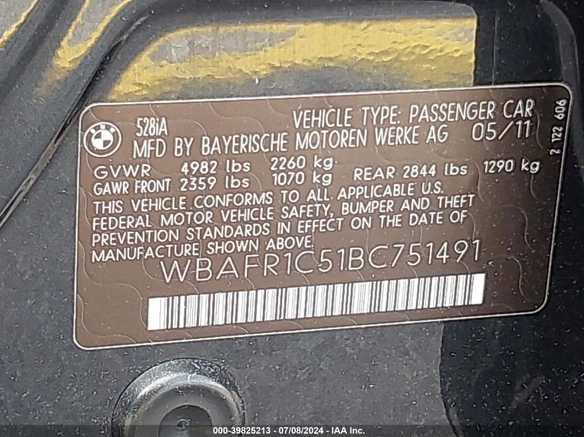 2011 BMW 528I VIN: WBAFR1C51BC751491 Lot: 39825213