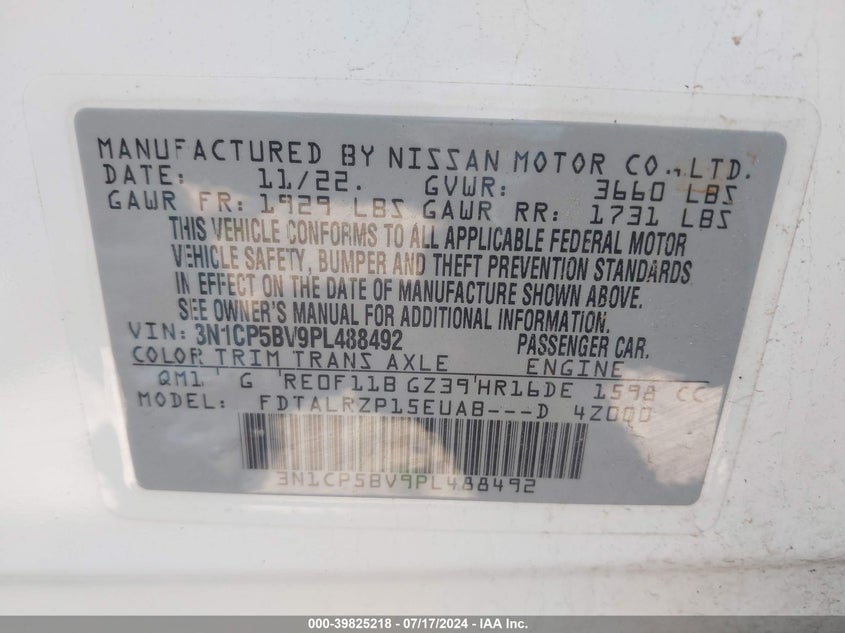 2023 Nissan Kicks S Xtronic Cvt VIN: 3N1CP5BV9PL488492 Lot: 39825218