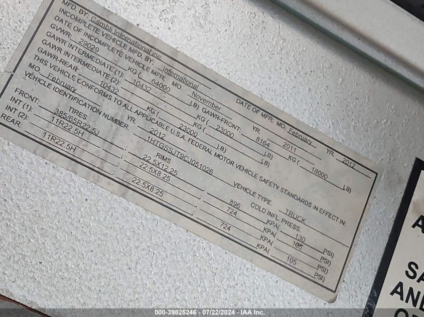 2012 International 7000 7600 VIN: 1HTGSSJT9CJ051026 Lot: 39825246
