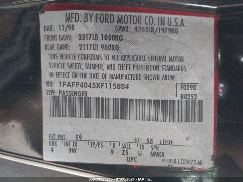1999 Ford Mustang VIN: 1FAFP4045XF115884 Lot: 39825258