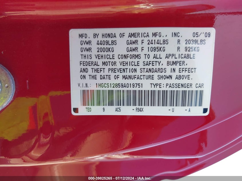 2009 Honda Accord 2.4 Ex-L VIN: 1HGCS12859A019751 Lot: 39825265