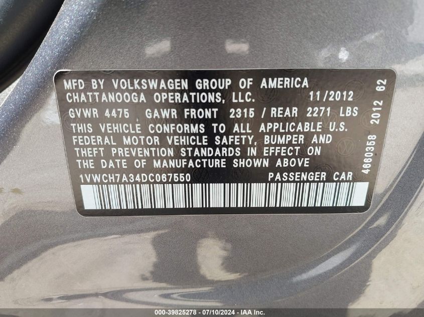 2013 Volkswagen Passat 2.5L Sel VIN: 1VWCH7A34DC067550 Lot: 39825278