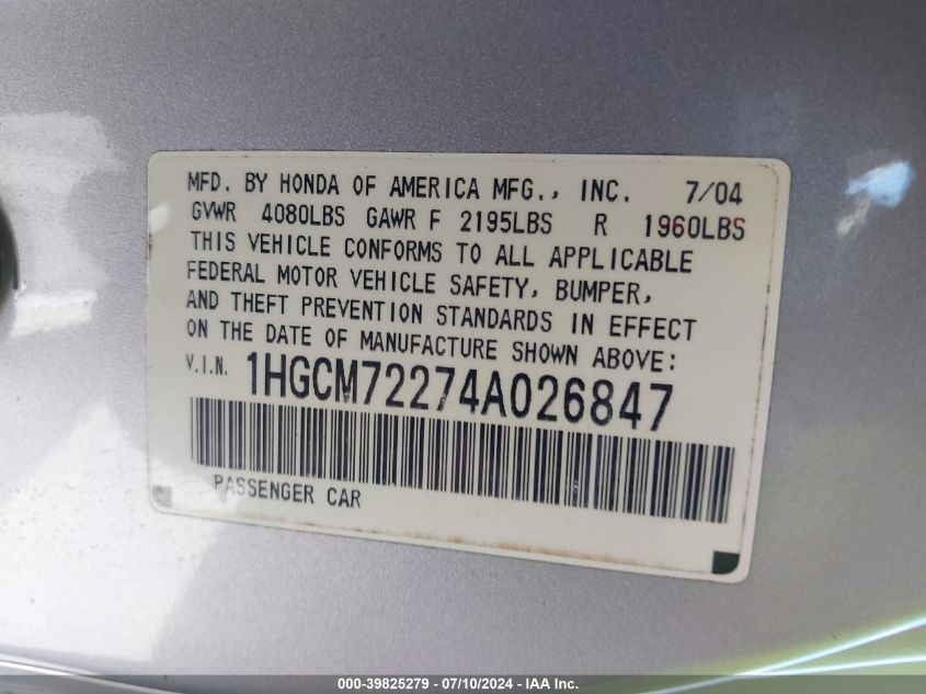 2004 Honda Accord 2.4 Lx VIN: 1HGCM72274A026847 Lot: 39825279