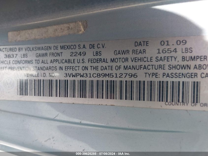 2009 Volkswagen New Beetle 2.5L VIN: 3VWPW31C89M512796 Lot: 39825285