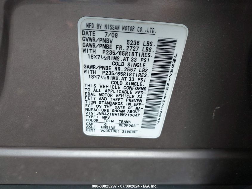 2009 Nissan Murano Sl VIN: JN8AZ18W19W210047 Lot: 39825297