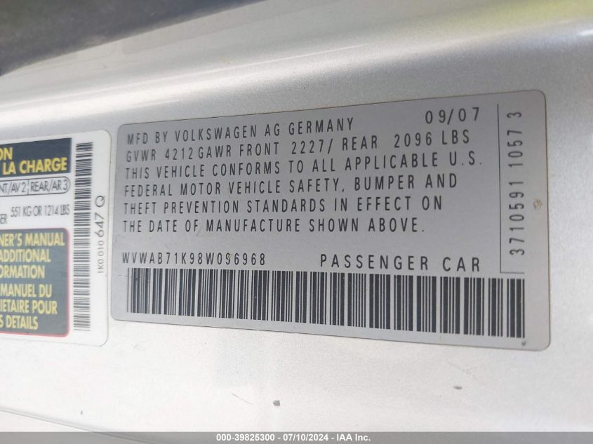 2008 Volkswagen Rabbit S VIN: WVWAB71K98W096968 Lot: 39825300